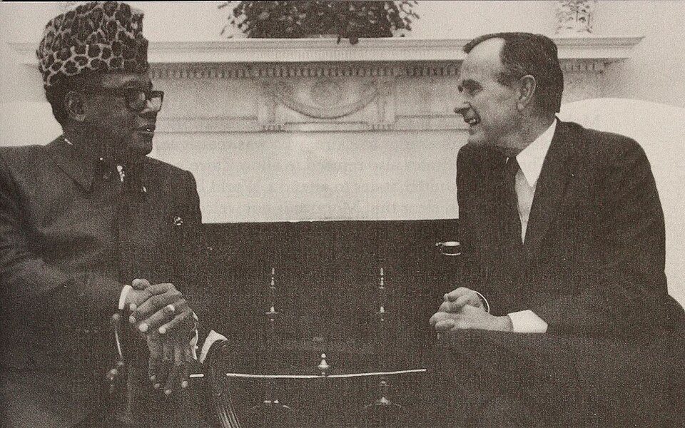 President Mobutu Sese Seko meeting President George H. W. Bush at the White House in 1989