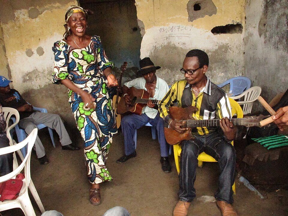 Congolese rumba musicians rehearsing in Kinshasa