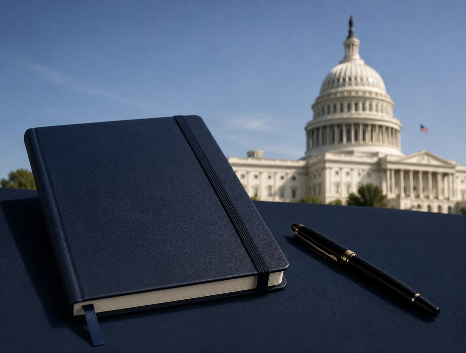 Policy notebook and pen overlooking the United States Capitol
